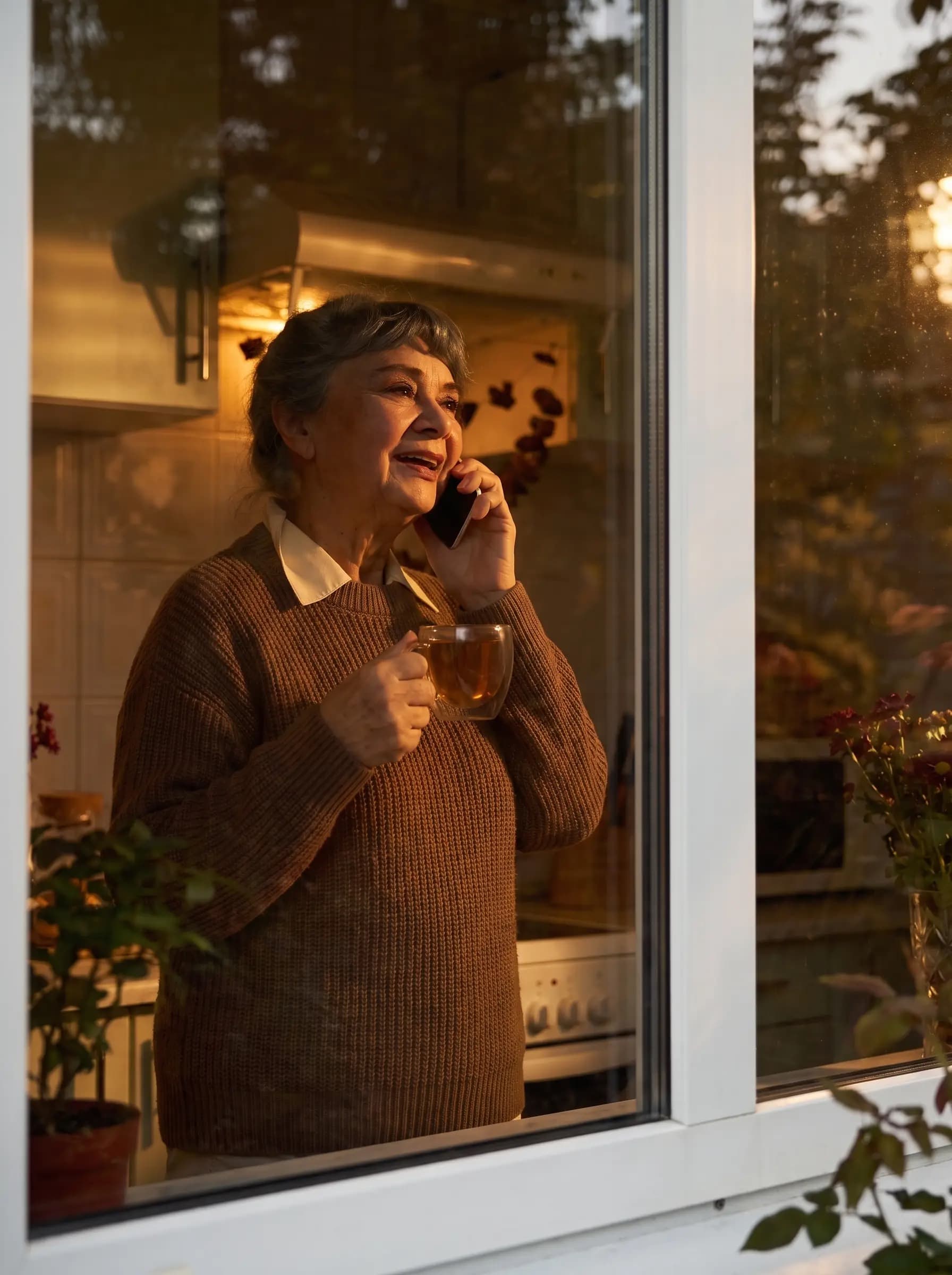 A woman on the phone, holding a cup of tea, standing at a kitchen window in warm light.
