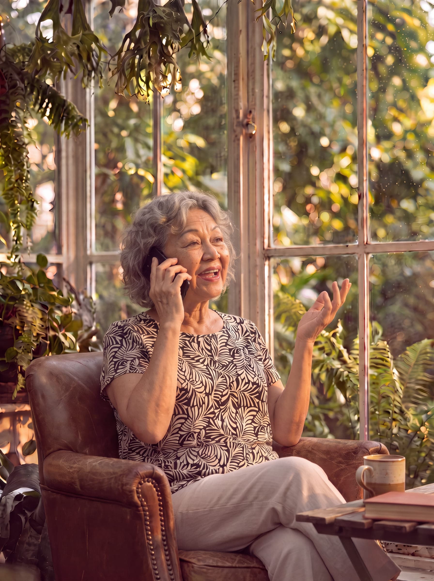 A woman talking on the phone in a leather chair, a garden through the window behind her.